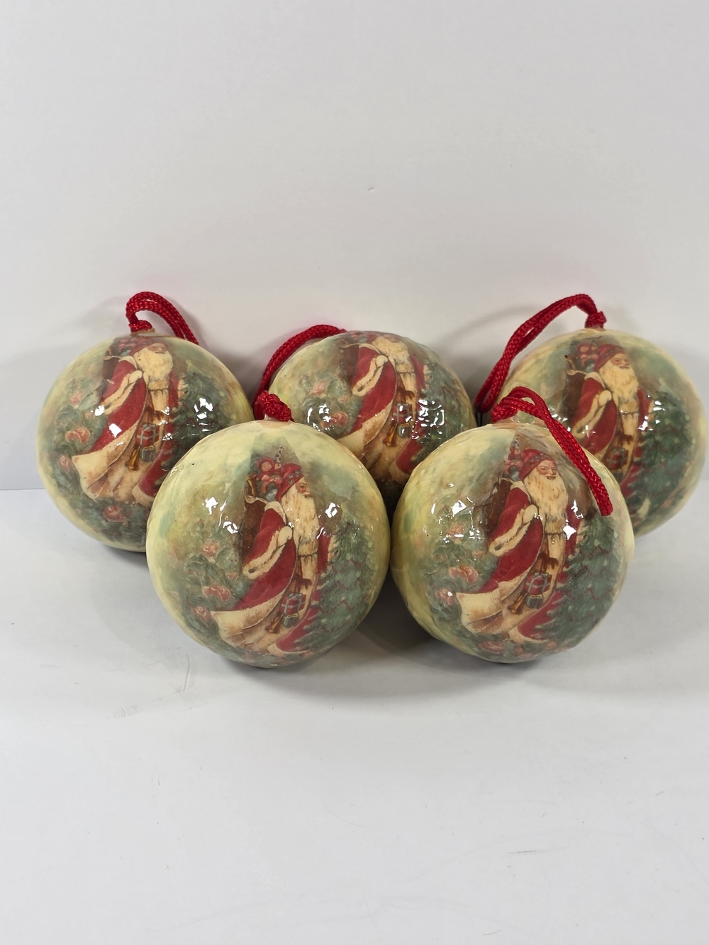 Vintage-Style Santa Christmas Ornaments - Red and Cream Holiday Balls (Set of 5)